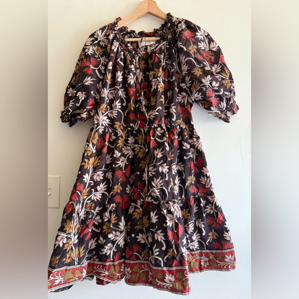 CHARLIE JOE Black Floral Midi Dress with Puff Sleeves